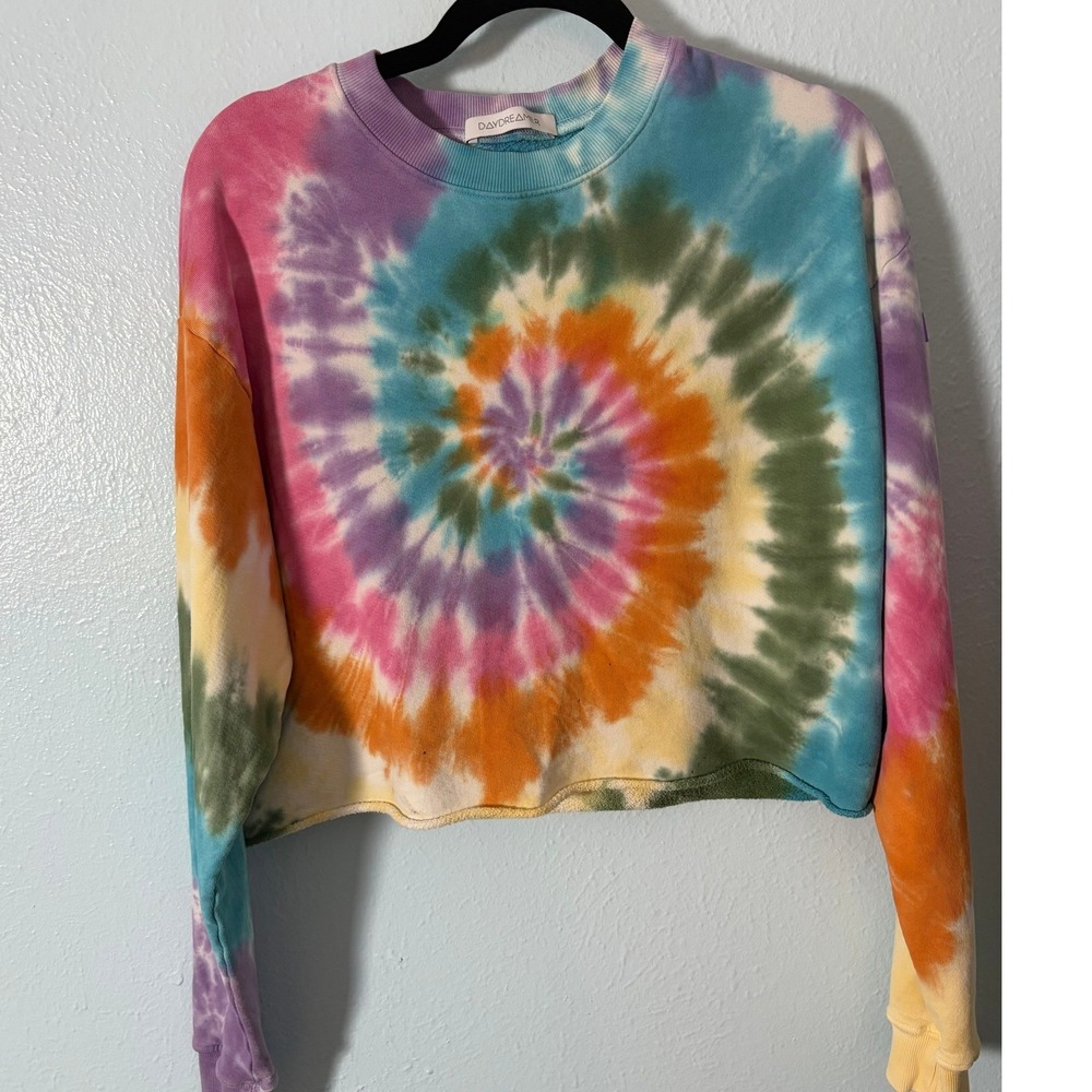 Daydreamer Womens Small Rainbow Spiral Tie Dye Cropped Sweatshirt Cotton USA
